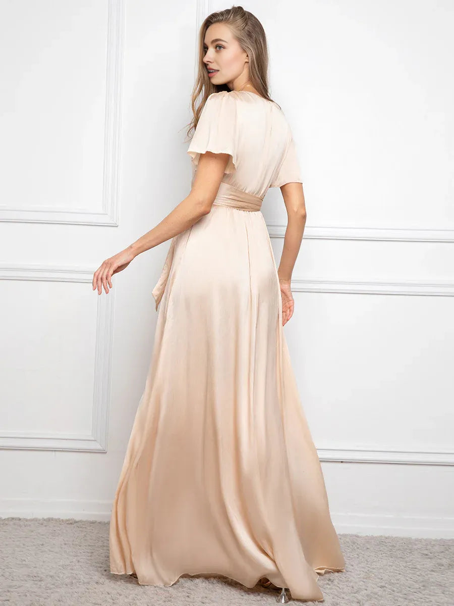 Charming A-Line V Neck Short Sleeve Floor-Length Prom Dress